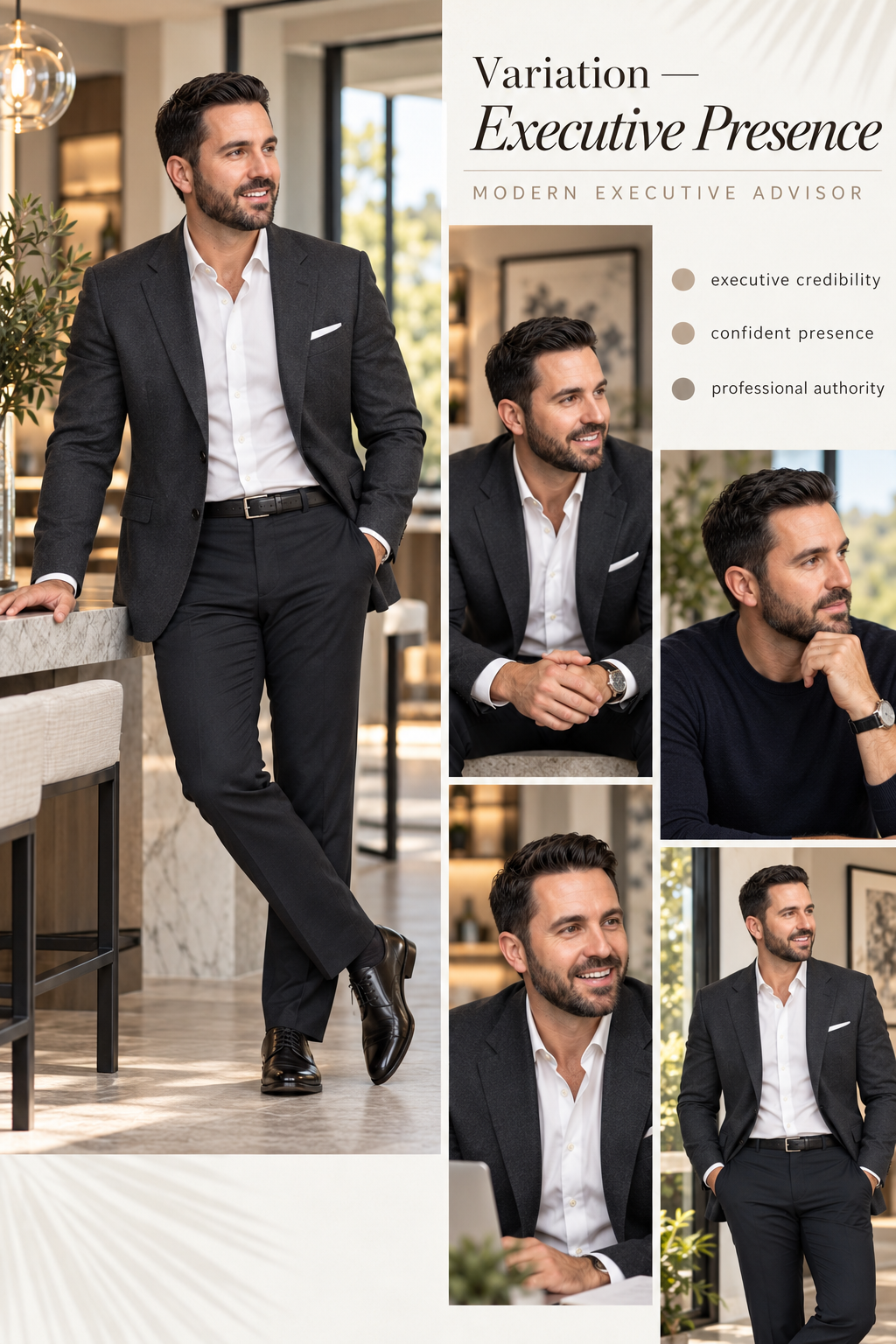 Executive Presence brand collage: five portraits of a man in a dark suit with the words Variation — Executive Presence
